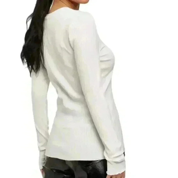 SELECTED Femme Long Sleeve Ribbed Tee Lettuce Hem White Crew Neck Women's Medium - Picture 1 of 13